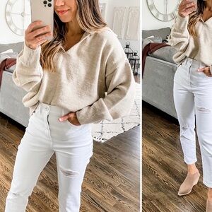 Top Shop cream collared V Neck sweater